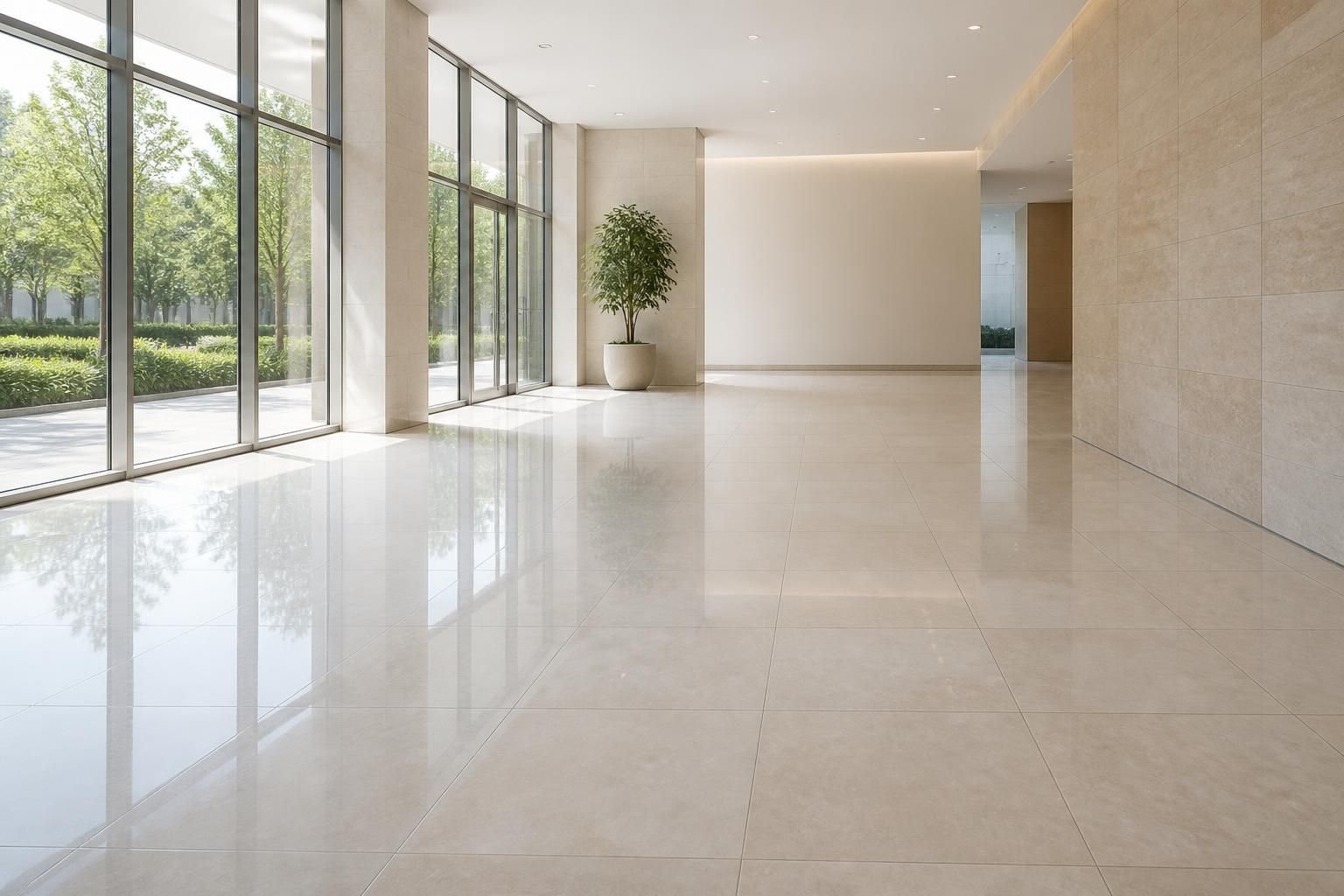 Pristine commercial tile lobby with open space for text.
