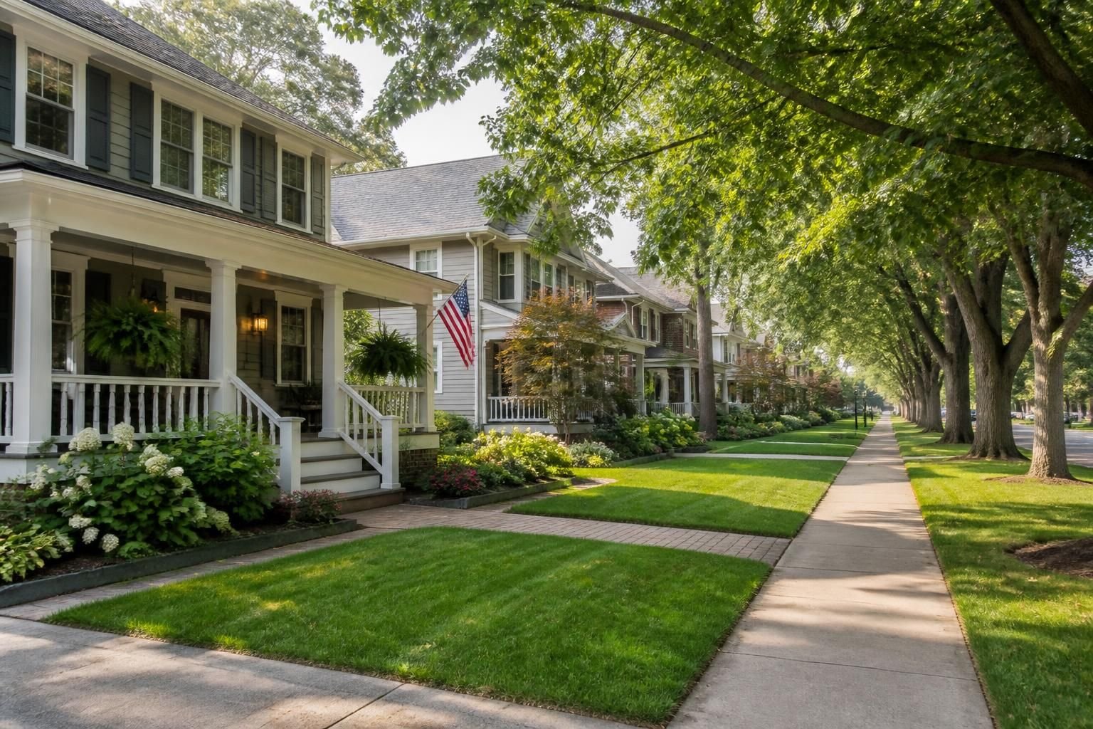 Attractive homes and mature trees in a quiet neighborhood.