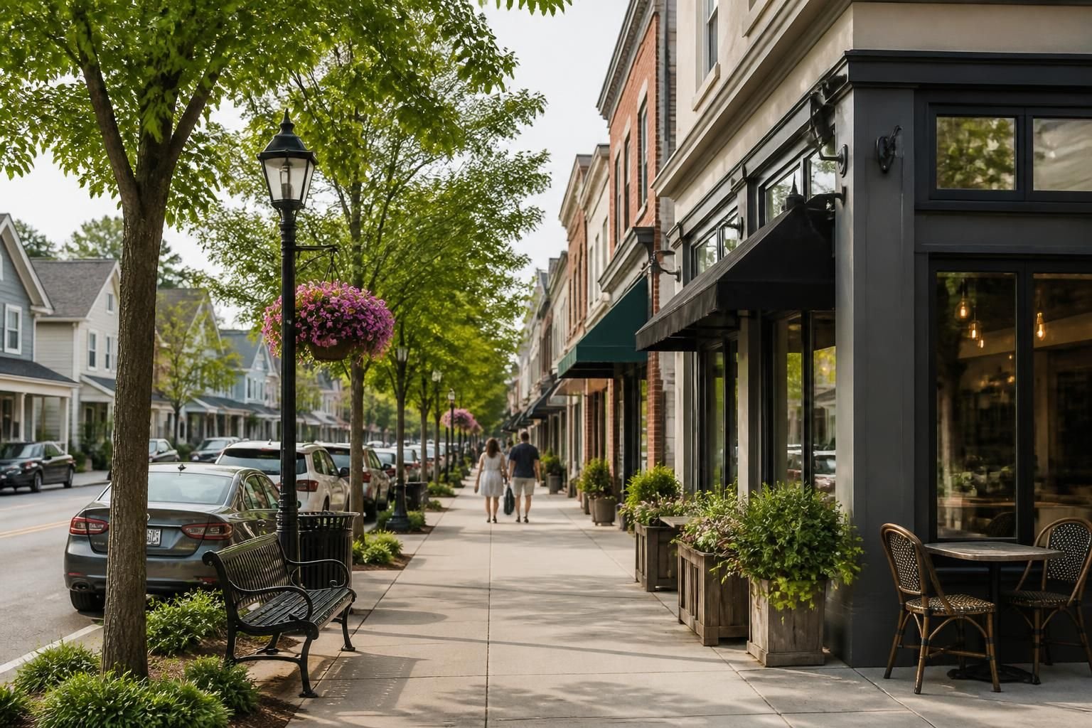 Well-kept homes and clean storefronts along a neighborhood street.