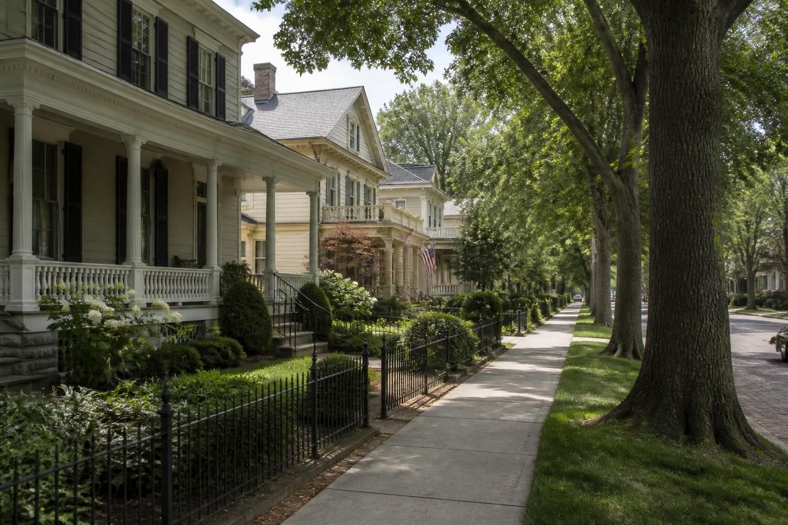 Historic homes and mature trees along a tidy residential avenue.