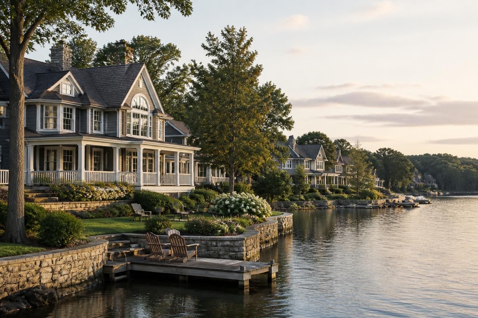 Refined lakeside homes with soft waterfront light.