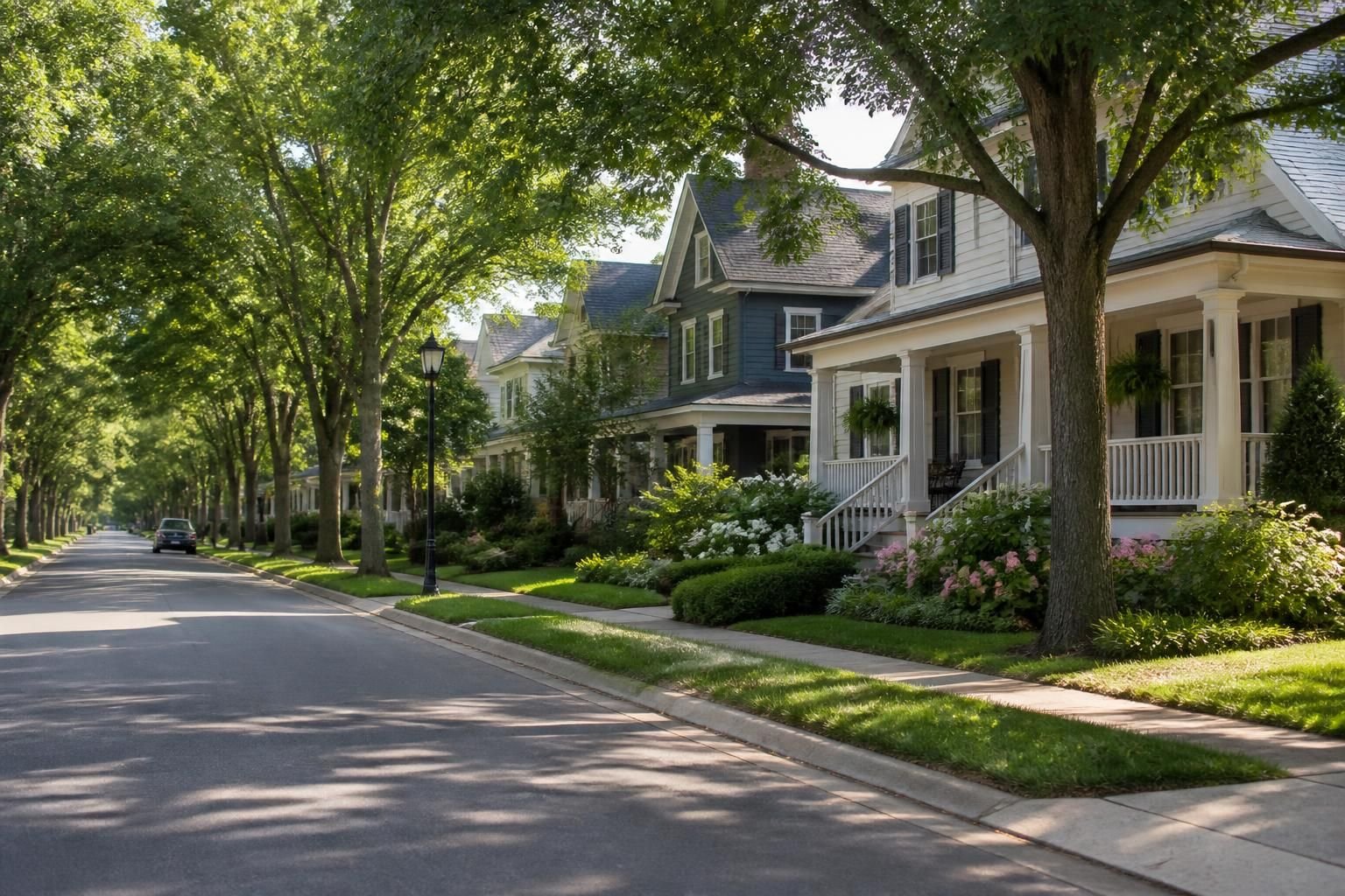 Tree-lined residential street with well-kept homes.