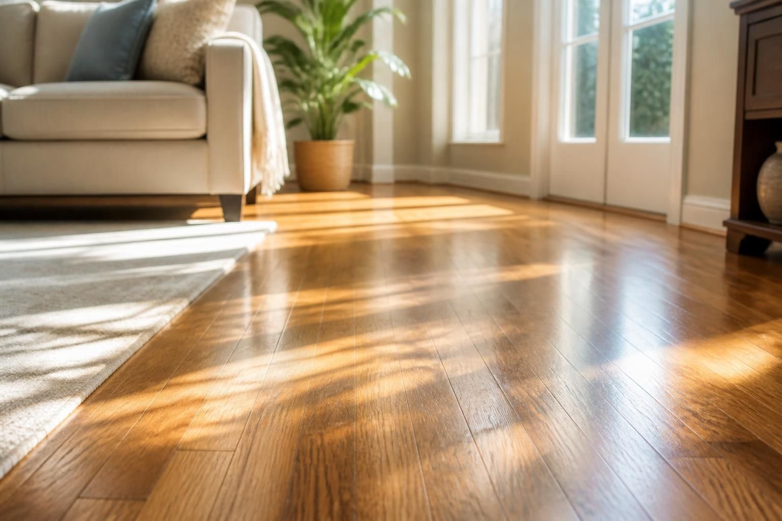 Beautifully cleaned hardwood floor in a sunlit living room.