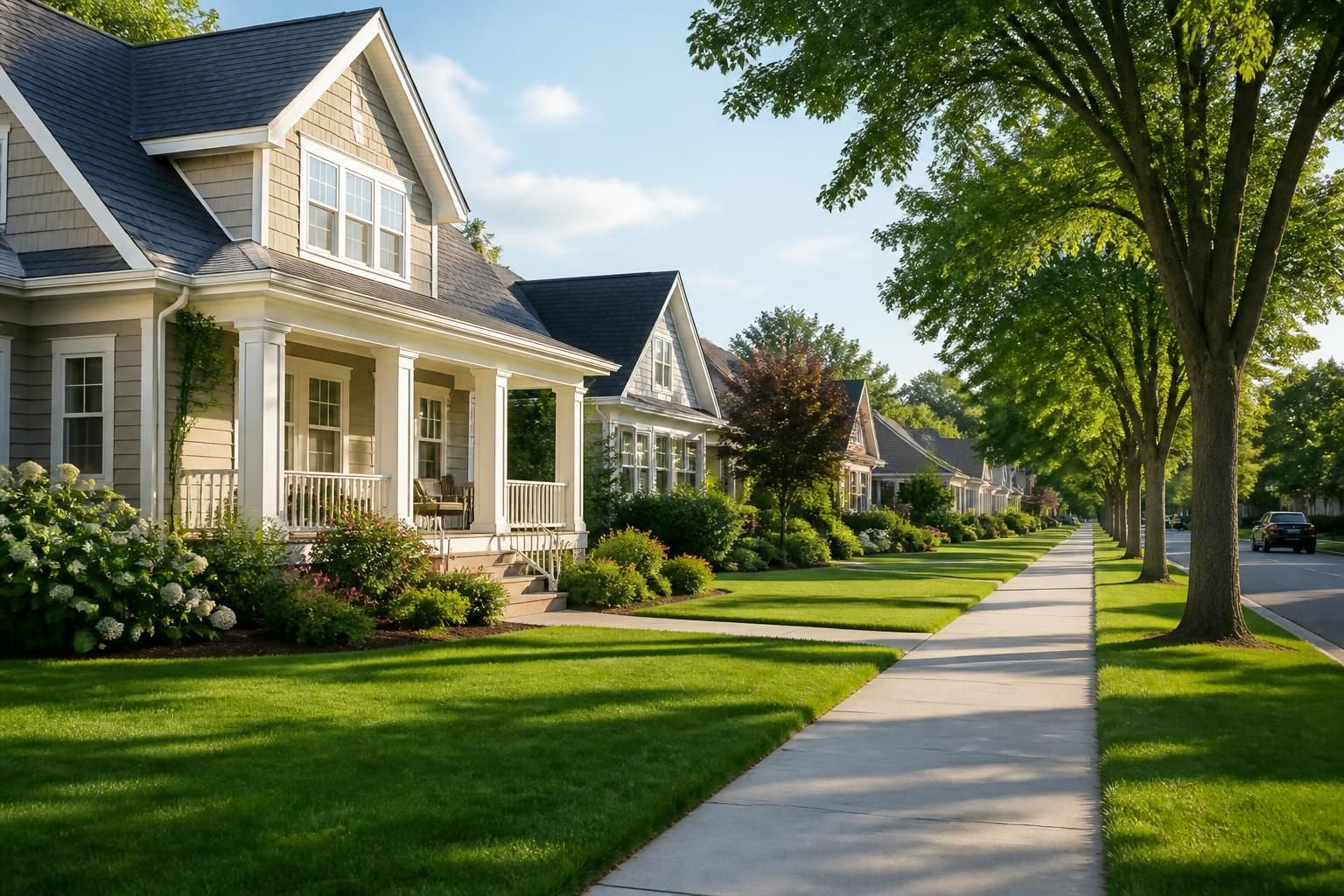 Clean suburban homes with green lawns on a calm street.