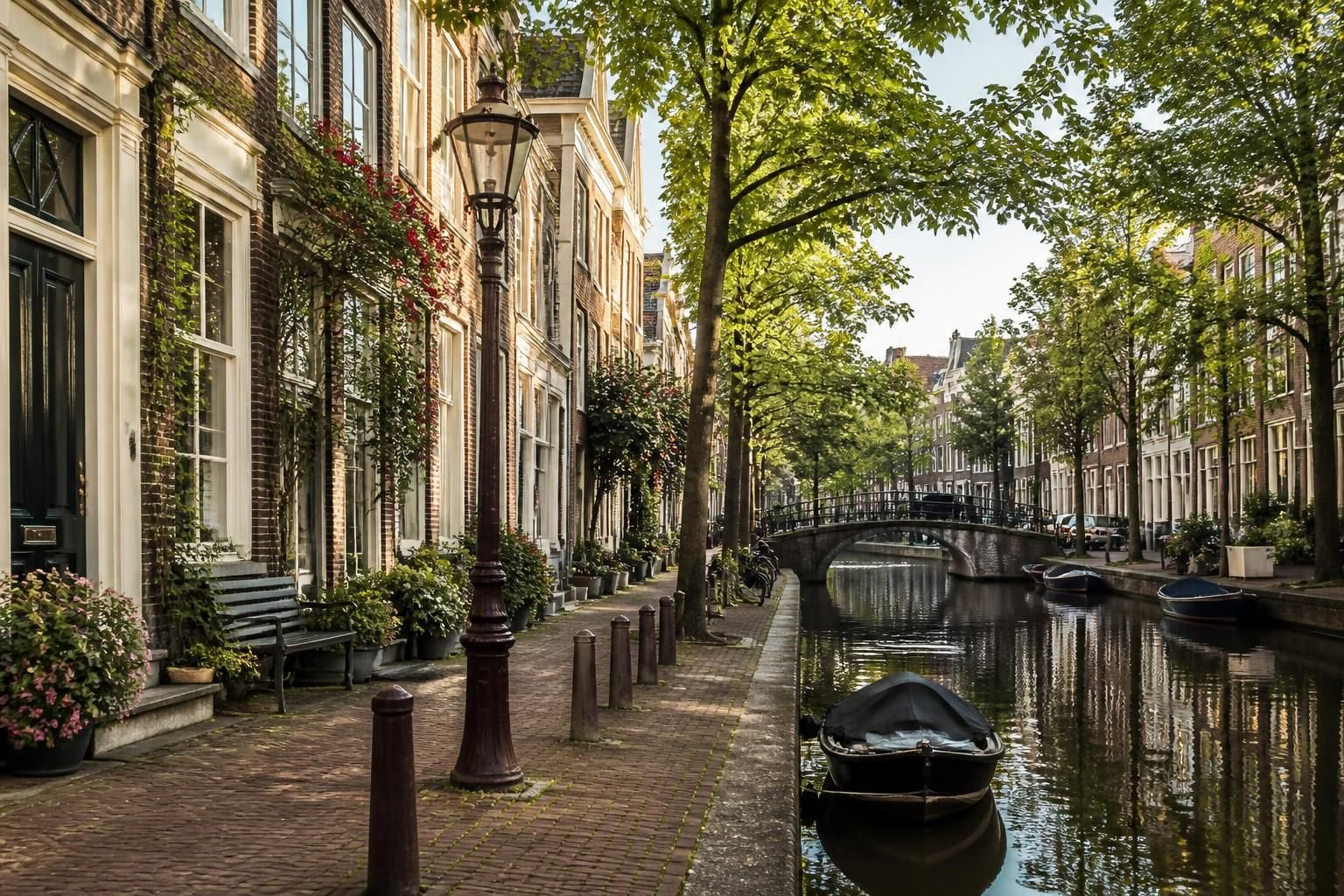 Tree-lined streets and canal-side homes in soft daylight.