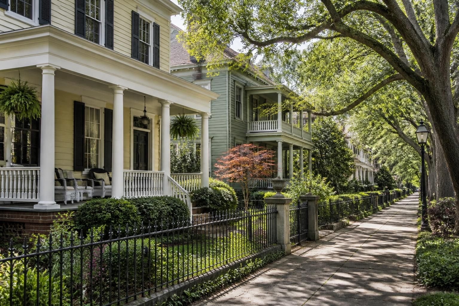 Historic neighborhood homes shaded by leafy trees.