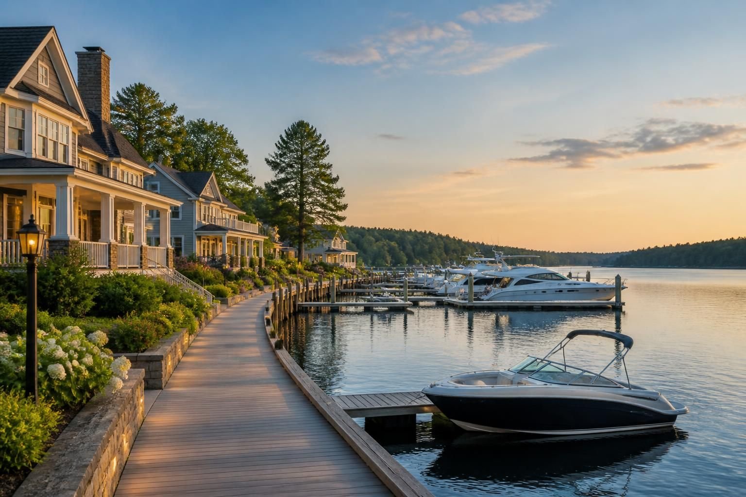 Waterfront community with marinas and neat homes.