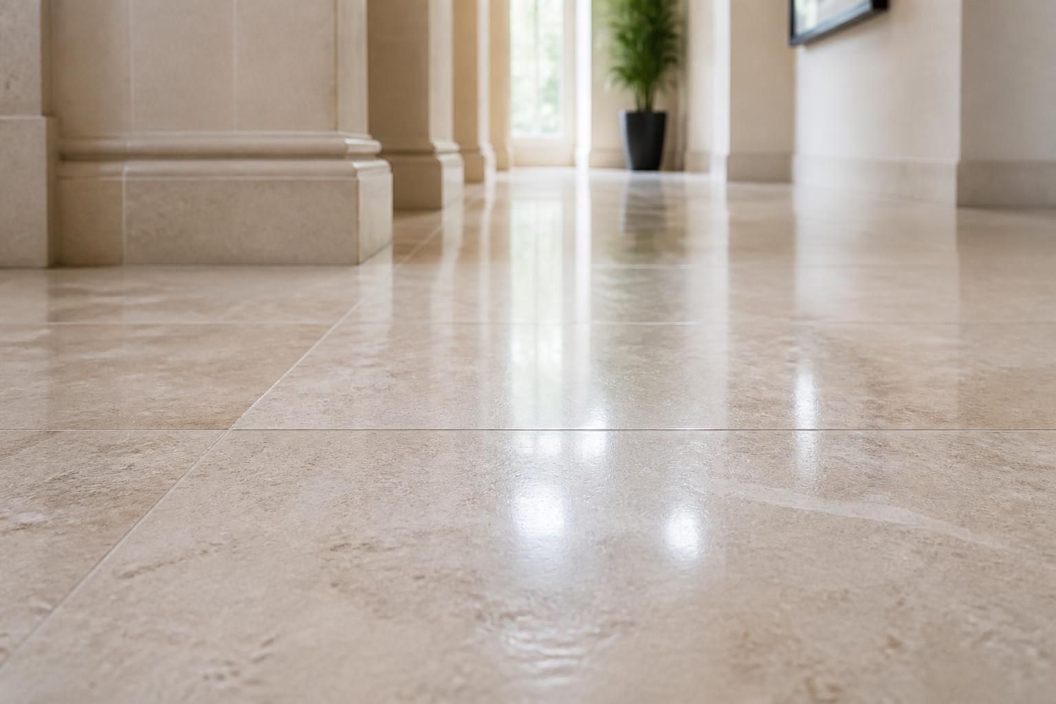 Clean stone floor in a bright hallway with soft reflections.