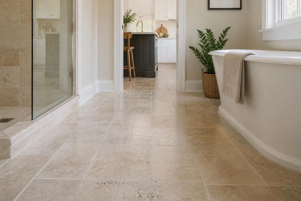 Freshly restored tile floor with clean grout in a bright modern home.