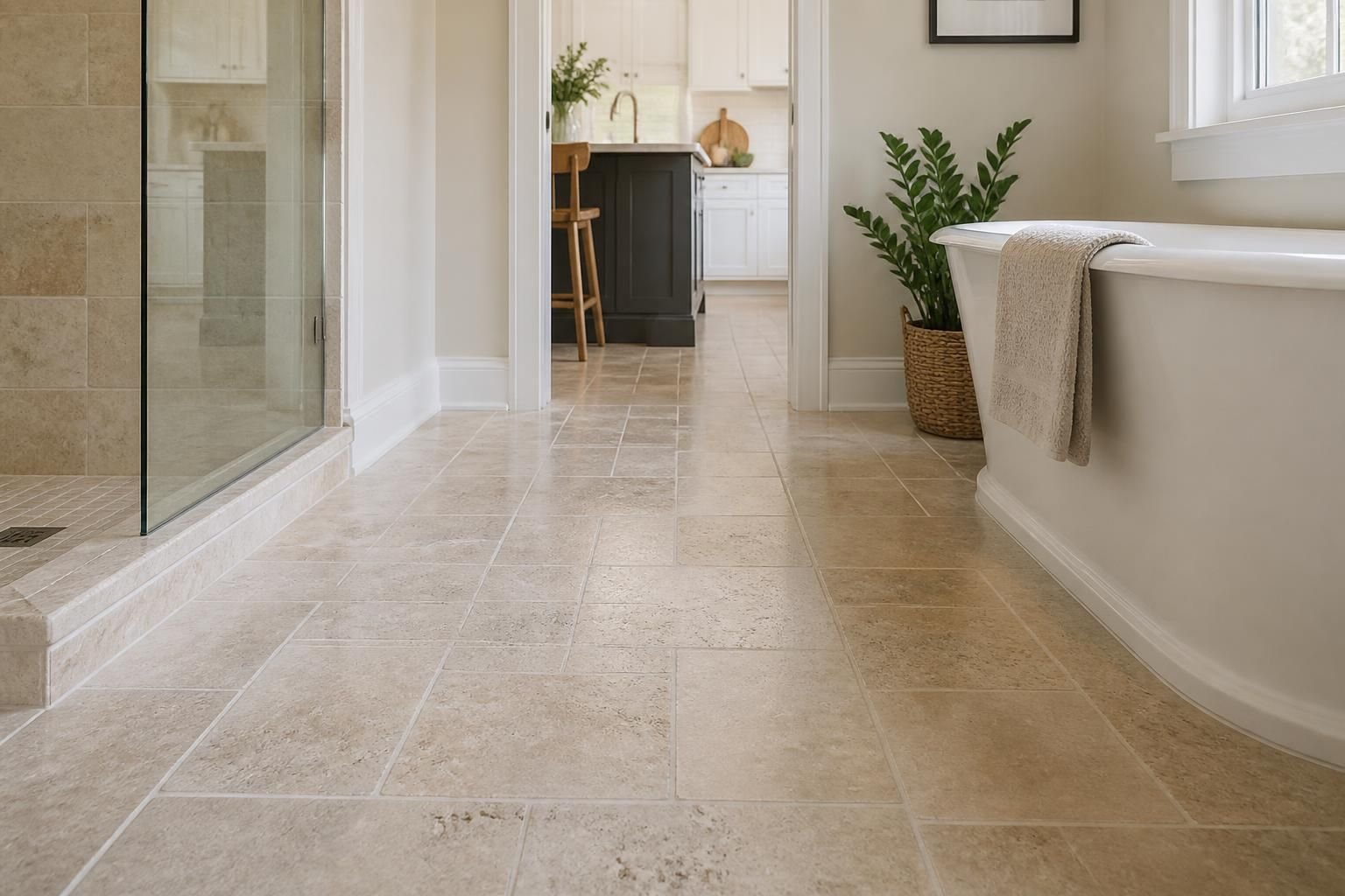 Freshly restored tile floor with clean grout in a bright modern home.