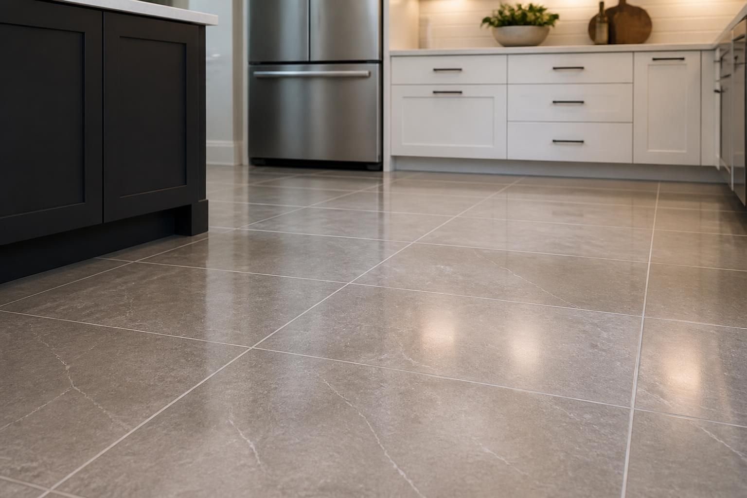 Sealed tile flooring in a clean modern kitchen.