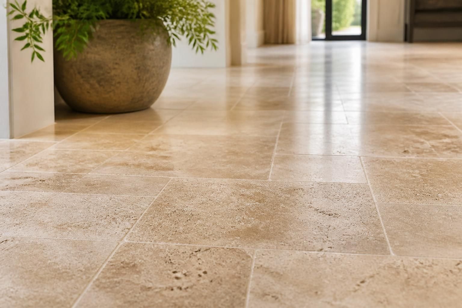 Cleaned travertine floor with warm beige natural texture.