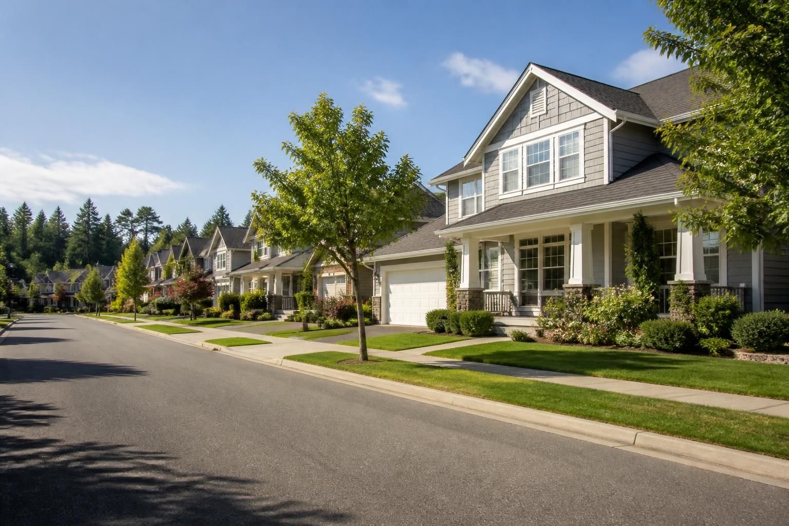 Well-kept suburban homes with tidy landscaping in daylight.